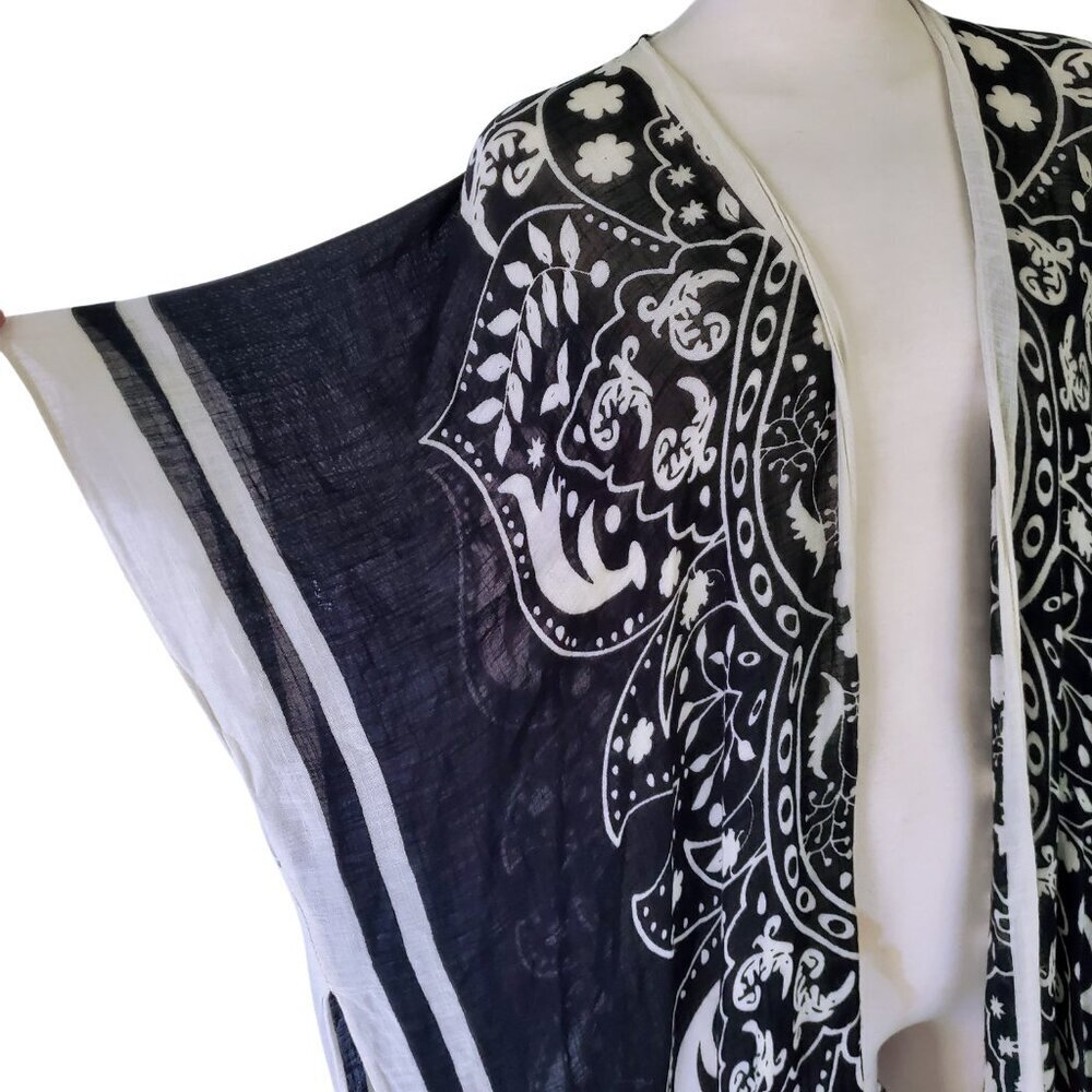Yak & Yedi Black & White Gauzy Flowing Kimono Shawl Midi Coastal Cowgirl O/S - Picture 5 of 13